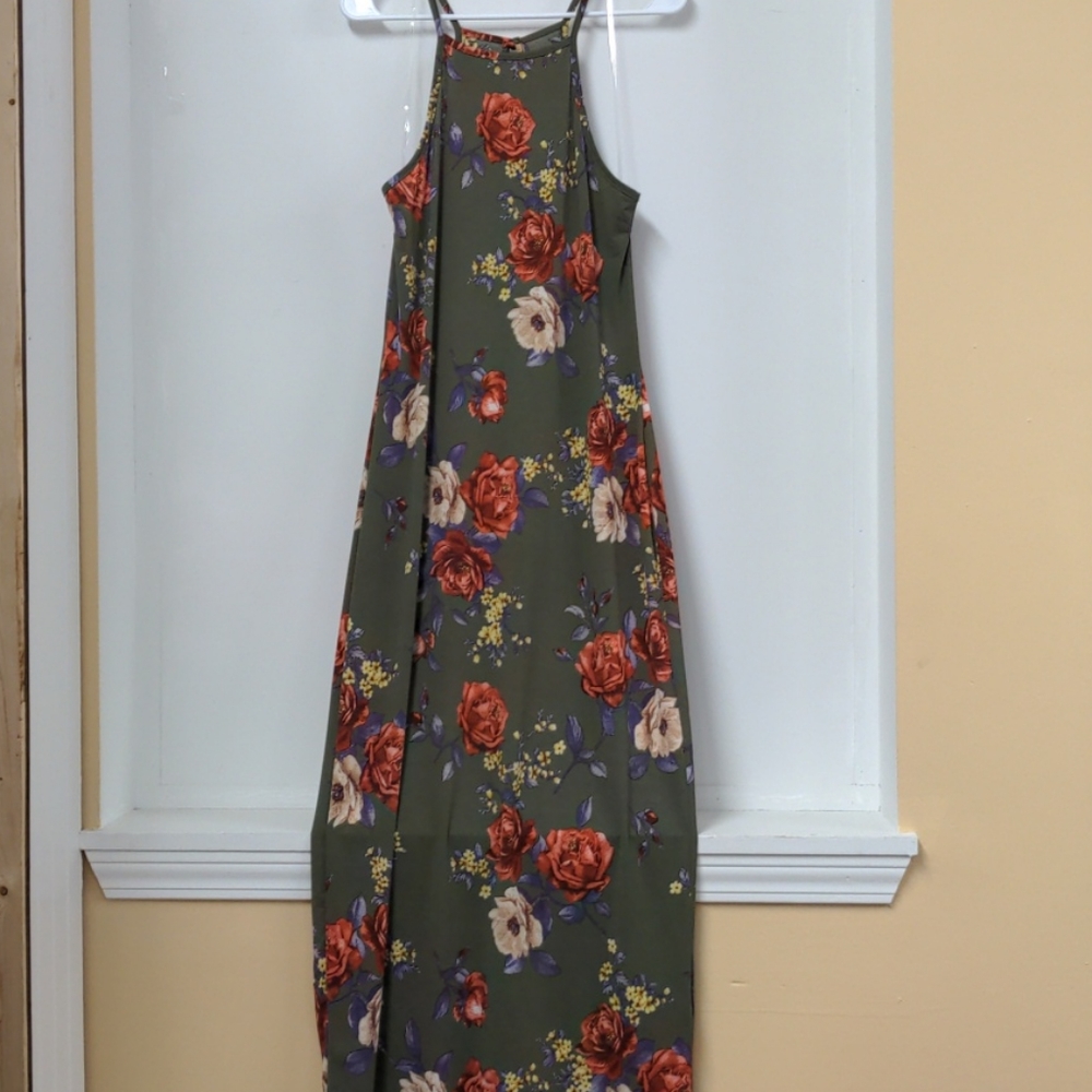 Green Floral midi sun dress sleeveless 1X plus size sundress